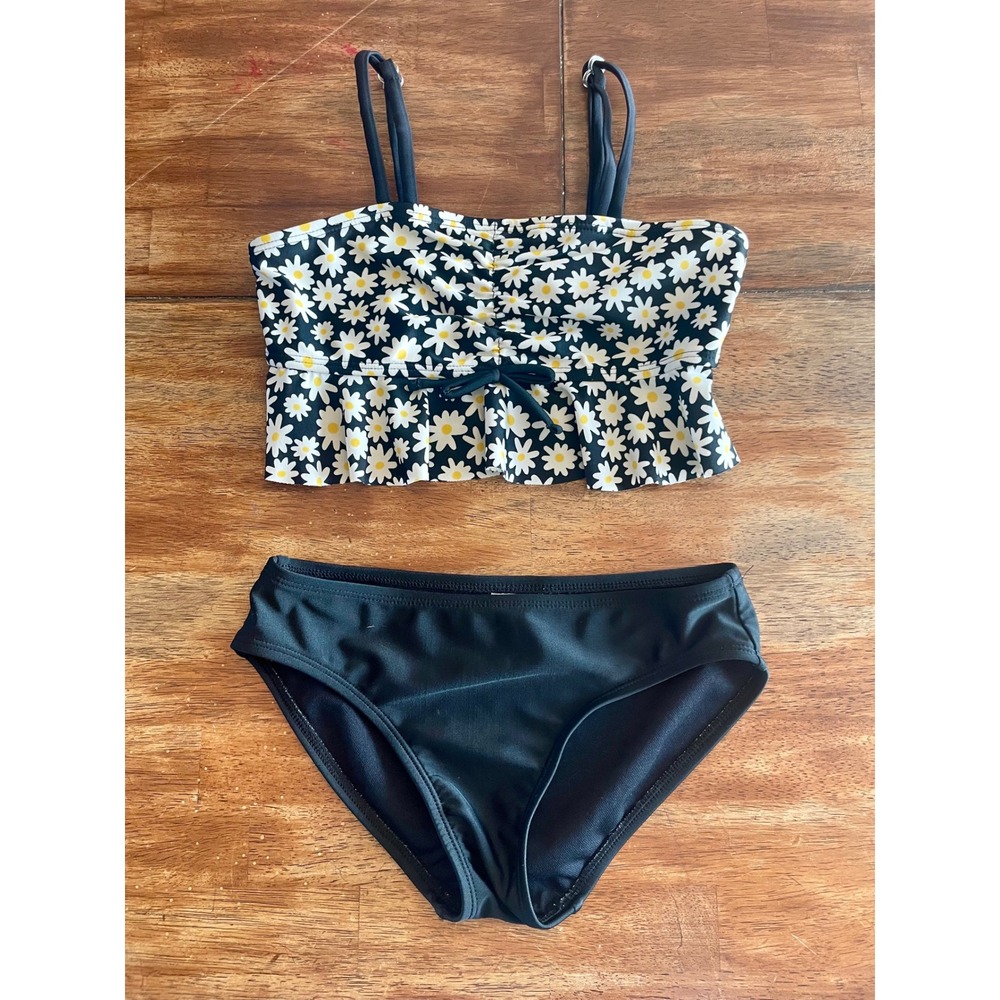 Art Class Girls Daisy Print Tankini Two Piece Swimsuit Black White Yellow M 7/8